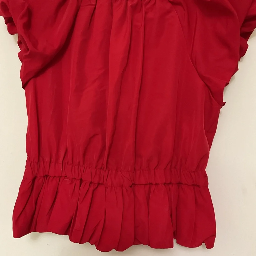 LOFT Red Puff Sleeve V-Neck Top with Black Velvet Bow